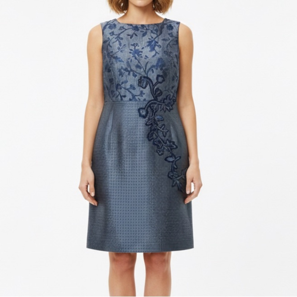 Lafayette 148 NY Blue Floral Jacquard Linen Blend Sheath Dress Size 6 Sleeveless